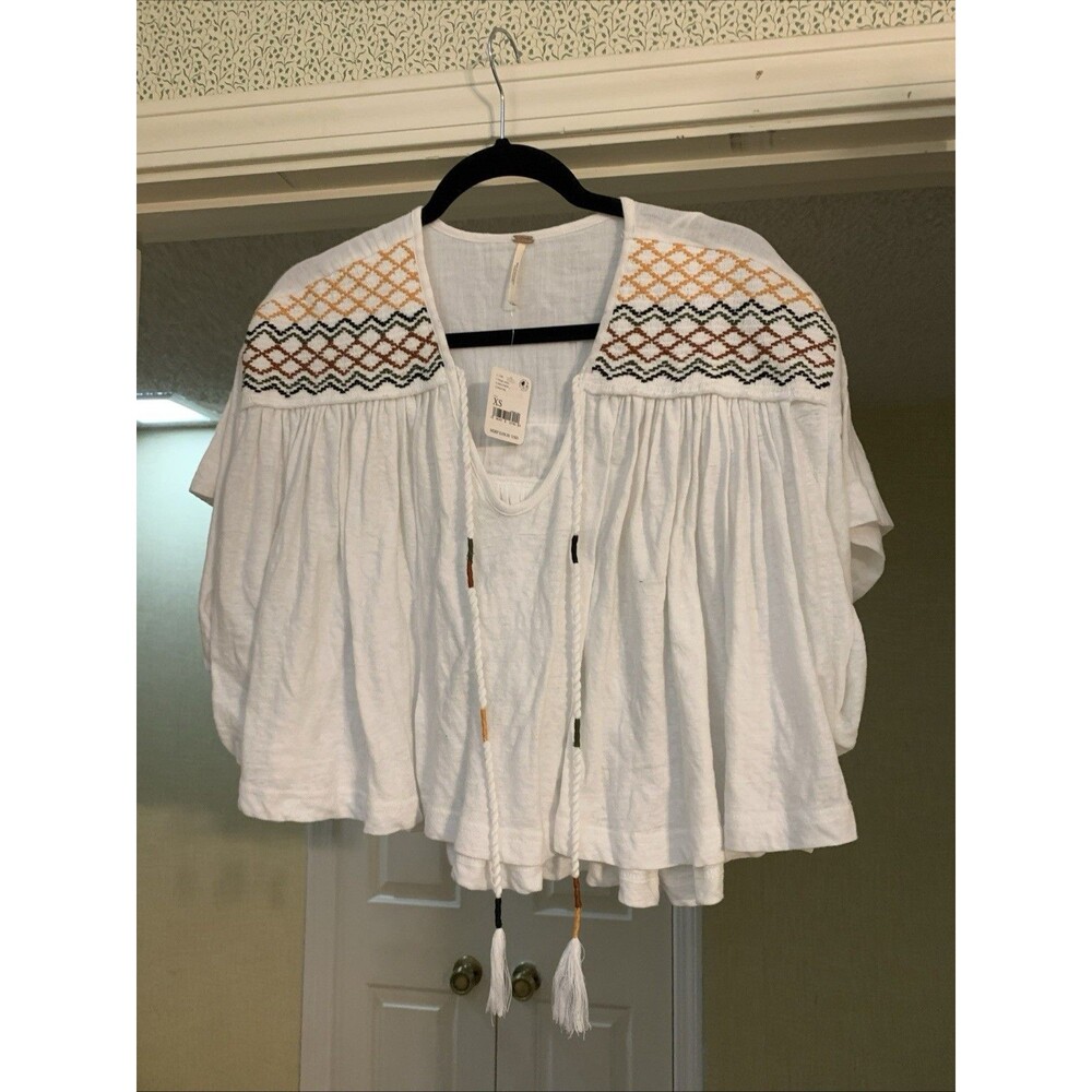 NWT Free People Market Embroidery Trim Tassel Tie VNeck Tee White XS MSRP $108